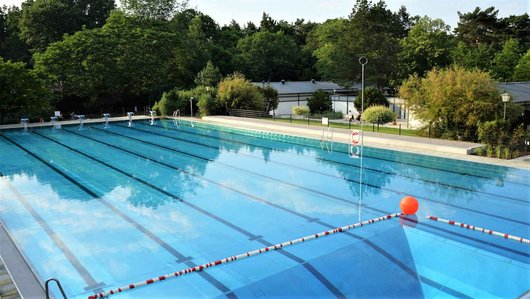Das Schwimmerbecken wird mit Sonnenenergie über Roth HelioPool Schwimmbadabsorber auf die richtige Temperatur gebracht. (Foto: Christoph Kniehase)