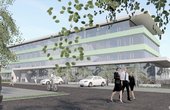 Entwurf des neuen KFW-55-Bürogebäudes für den Arzt-Praxissoftware-Anbieter medatixx. Erdwärme-Wärmepumpen beheizen und kühlen das Gebäude. (Grafik © Seiler Architektur)