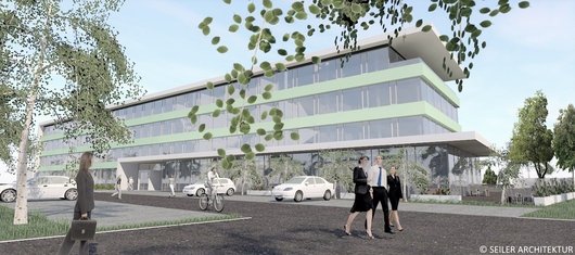 Entwurf des neuen KFW-55-Bürogebäudes für den Arzt-Praxissoftware-Anbieter medatixx. Erdwärme-Wärmepumpen beheizen und kühlen das Gebäude. (Grafik © Seiler Architektur) Entwurf des neuen KFW-55-Bürogebäudes für den Arzt-Praxissoftware-Anbieter medatixx. Erdwärme-Wärmepumpen beheizen und kühlen das Gebäude. (Grafik © Seiler Architektur)